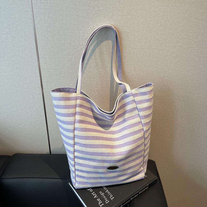 Summer striped canvas bag women's new double-sided shoulder underarm tote bag Korean portable shopping bag