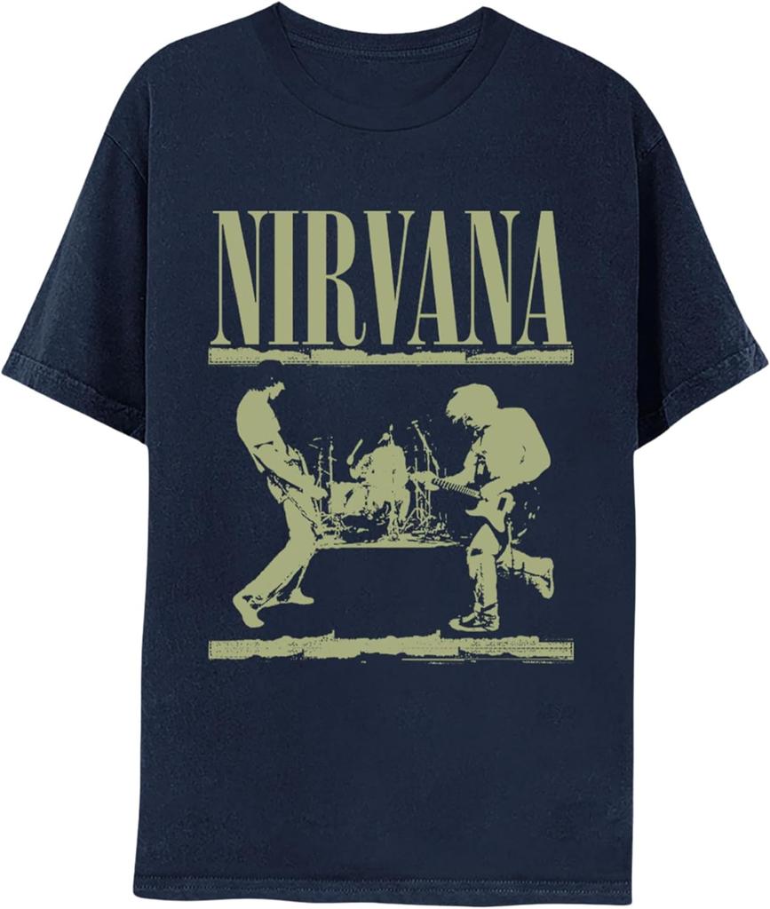 Nirvana Logo Playing on Stage Adult Navy Short Sleeve T Shirt 90s Music Vintage Style Graphic Tees