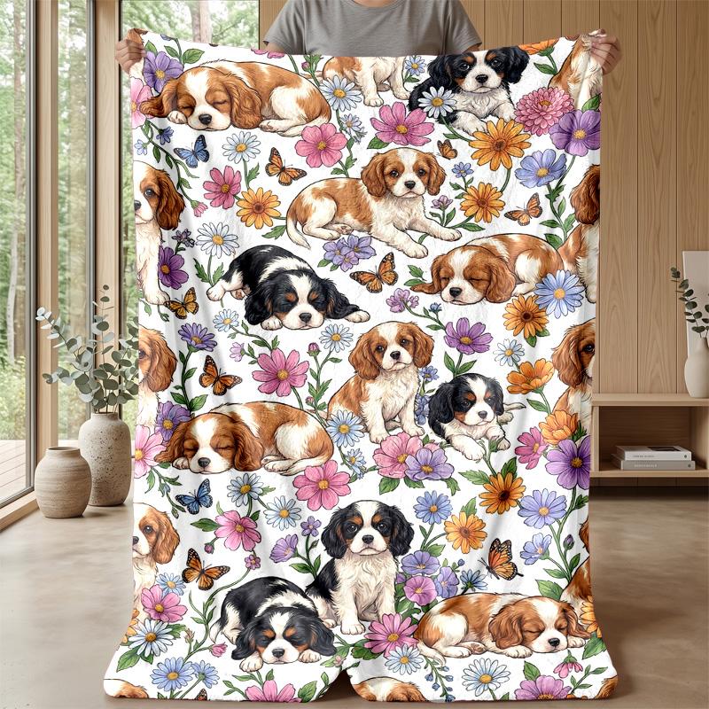 Dogs Among Flowers and Rainbow Theme blanket Lightweight Warm Flannel Blanket Decorative Throw Blanket for Home Decoration
