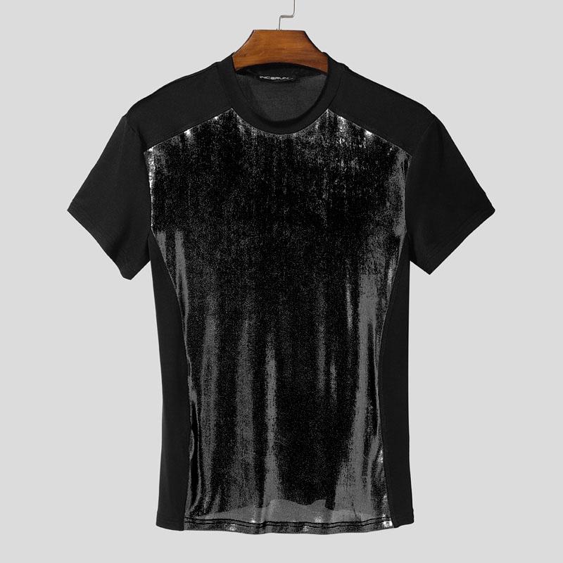 

INCERUN Мужские футболки с круглым вырезом, коротким рукавом, блестящей лоскутной отделкой, полупрозрачными вставками, облегающие 4XL чёрный