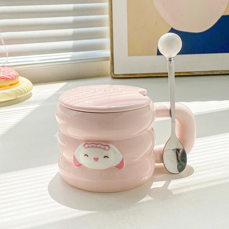 Söt tecknad kaninmugg med lock och sked för flickor hem keramisk kopp par kaffe mjölk kopp kontor