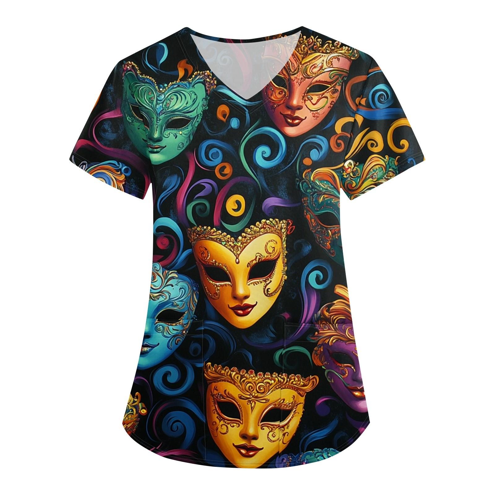 

Женская мода V-образный вырез с короткими рукавами рабочая одежда с карманами карнавальный принт верхняя одежда по уходу L синий