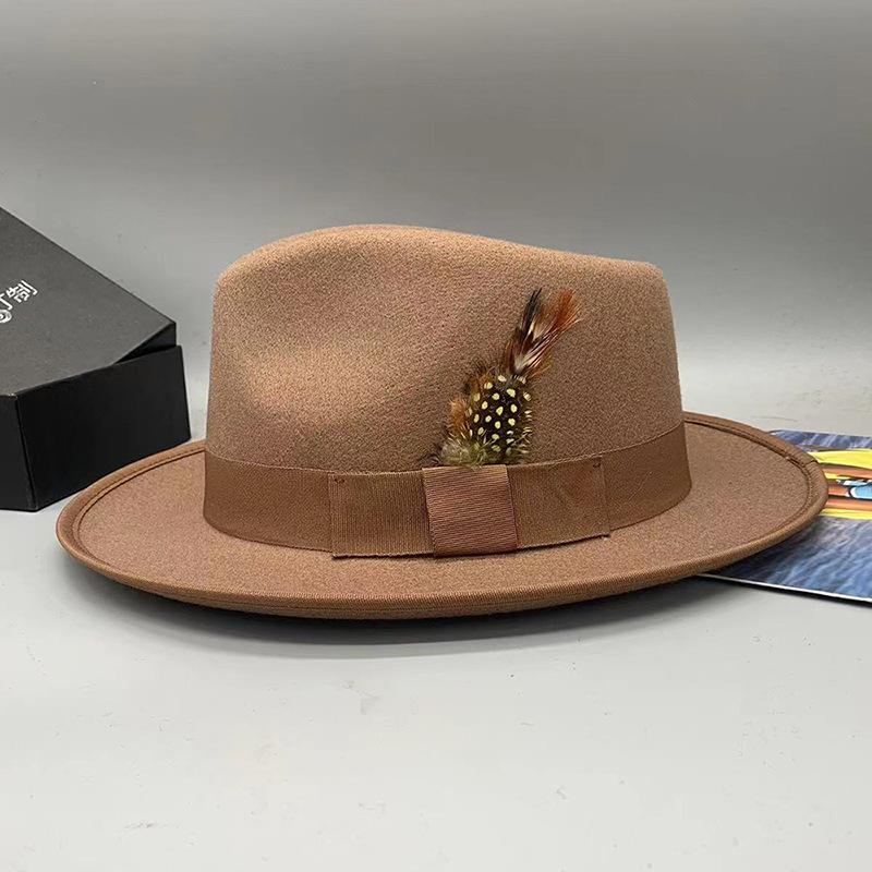 2023 Sombrero Fedora de Lana Sintética para Hombre Mujer Ala Ancha Accesorios de Lazo Pluma Otoño Invierno Caballero Sombrero Panamá Jazz