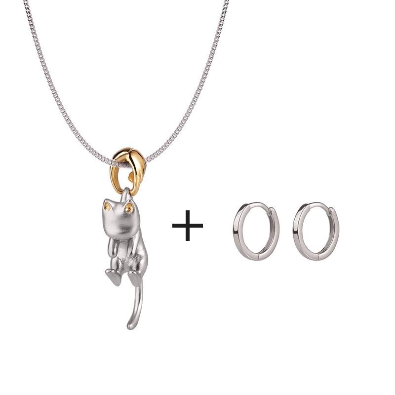 Sleek Frosted Silver Cat Pendant Necklace & Earrings - Cute Unisex Gift Set