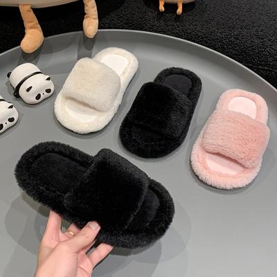 Kids Winter Fur Slippers Open-toe Girls Warm Home Slippers Solid Color Simple Versatile Children Fashion Causal Flat Slippers