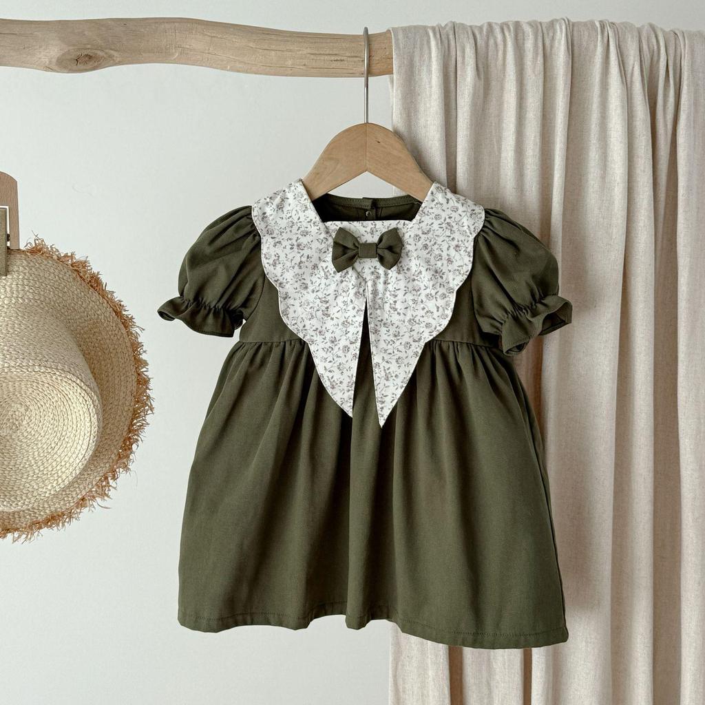 Dziewczęca Sukienka Letnia w Stylu Retro dla Malucha z Kołnierzykiem Piotrusia Pana i Krótkim Rękawem