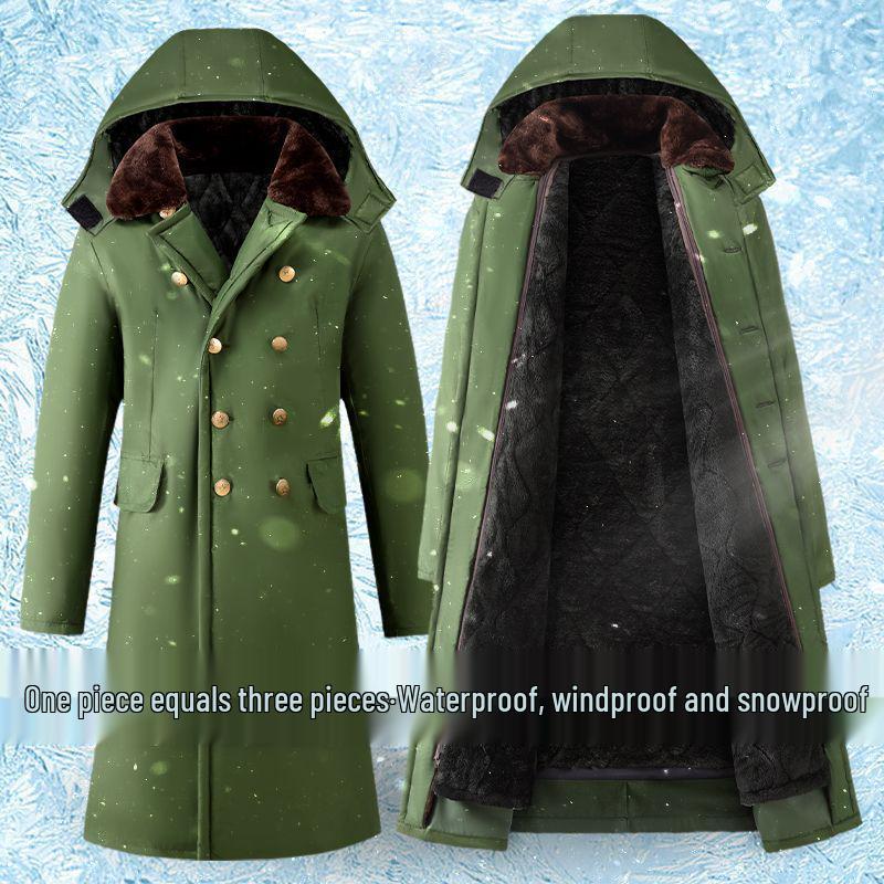 Men's Extra Long Winter Coat - Army Green, Waterproof, Windproof, Thickened Cotton with Removable Velvet Lining, Coldproof for Northeast Winters.