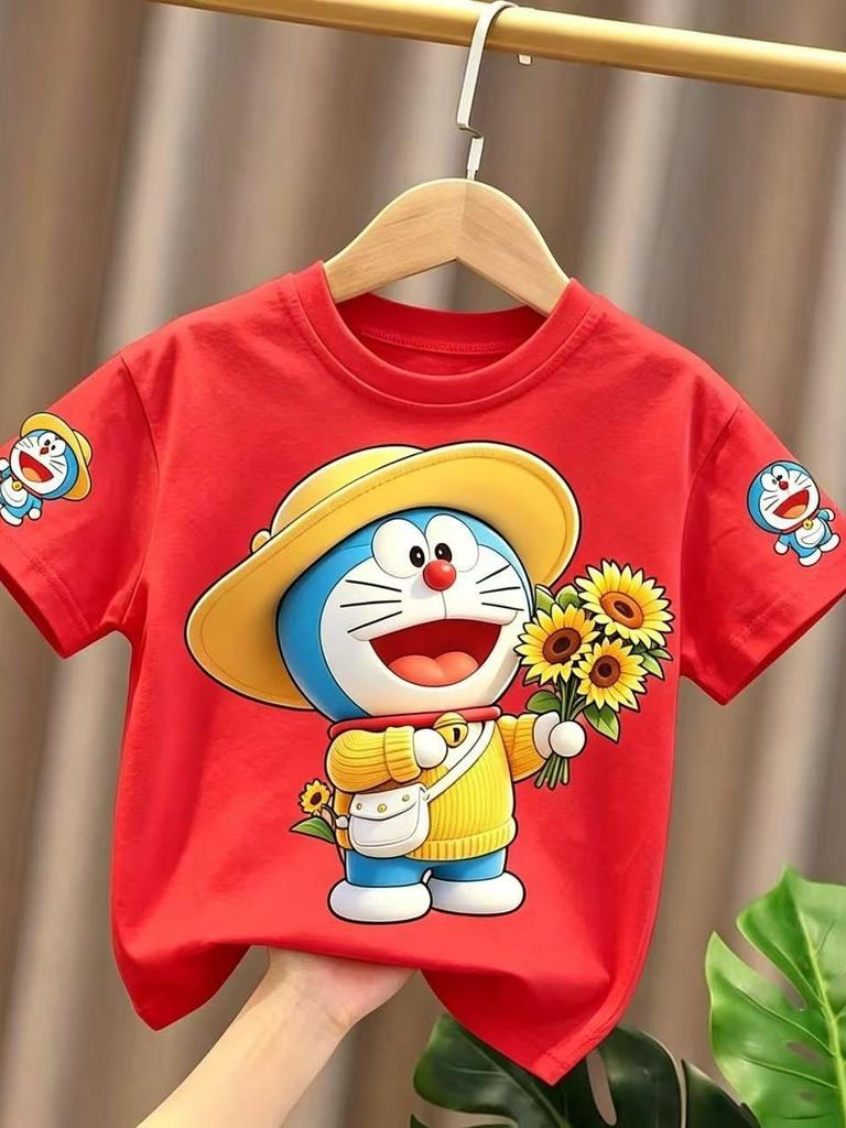 Summer Doraemon Boys and Girls New Style Short-Sleeved Pure Cotton T-Shirt for Children with Round Collar and Breathable