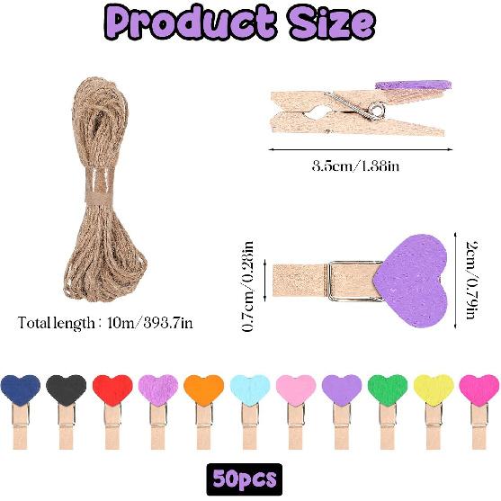 Heart Clothesp, 50 PCS Mini Colorful Clothesp Cute Wooden Clips Small Clothes Pin Photo String Hanging Photo Display with Clips for Home Party