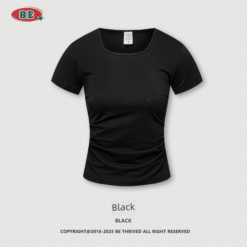Western Style 150G Solid Square Collar Shoulder Short Sleeve T-shirt Fashion Brand Gyaru Waist Hugging Slimming Casual U Collar Top Women Fashion