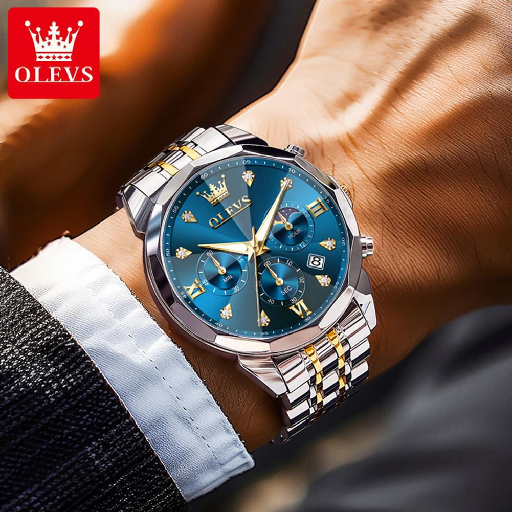 OLEVS Men Watch Fashionable Original Moon Phase Quartz Watch Waterproof Luminous Automatic Date Stainless Watch Gifts