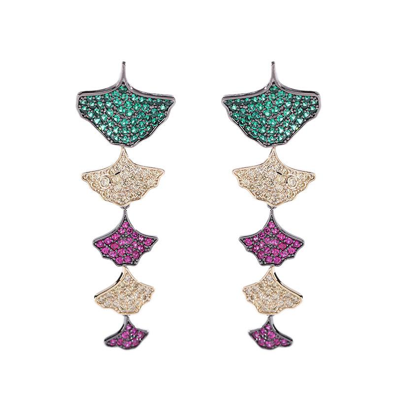Micro Pave Colorful Zirconia Leaf Dangle Earrings for Women Brand Designer Luxury Wedding Temperament Ginkgo Biloba Earrings