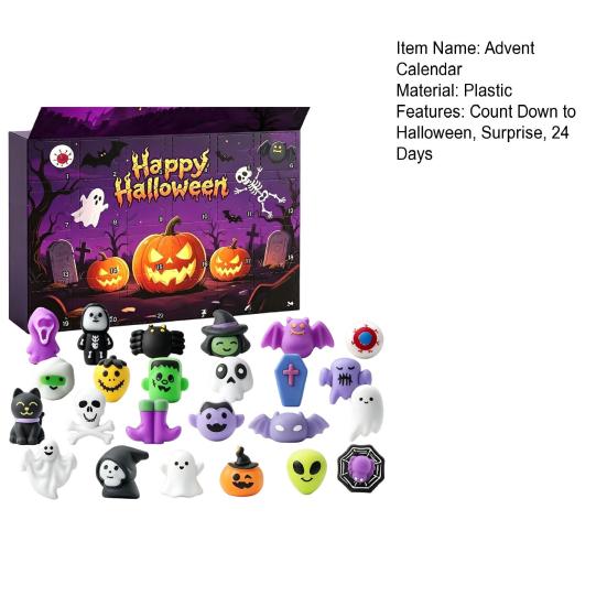 Huaqianguhh Halloween Advent Calendar, 24 Days Countdown Calendar with Pcs Slow Rising Squeeze Toys, Scary Collectible Dolls Gifts for Kids,
