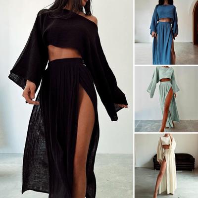 2 st/set Dam Crop Top Kjol Set Långärmad Sluthals Kort topp Hög midja delad kjol Enfärgad Semester Beach Bikini Coverup Club Party Topp