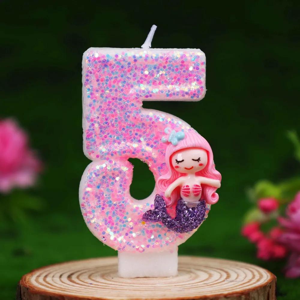 Birthday Number Candle 0-9 for Cake Decoration Children Party Supplies Baking Accessories Glitter Detail Design with Mermaid Figurine