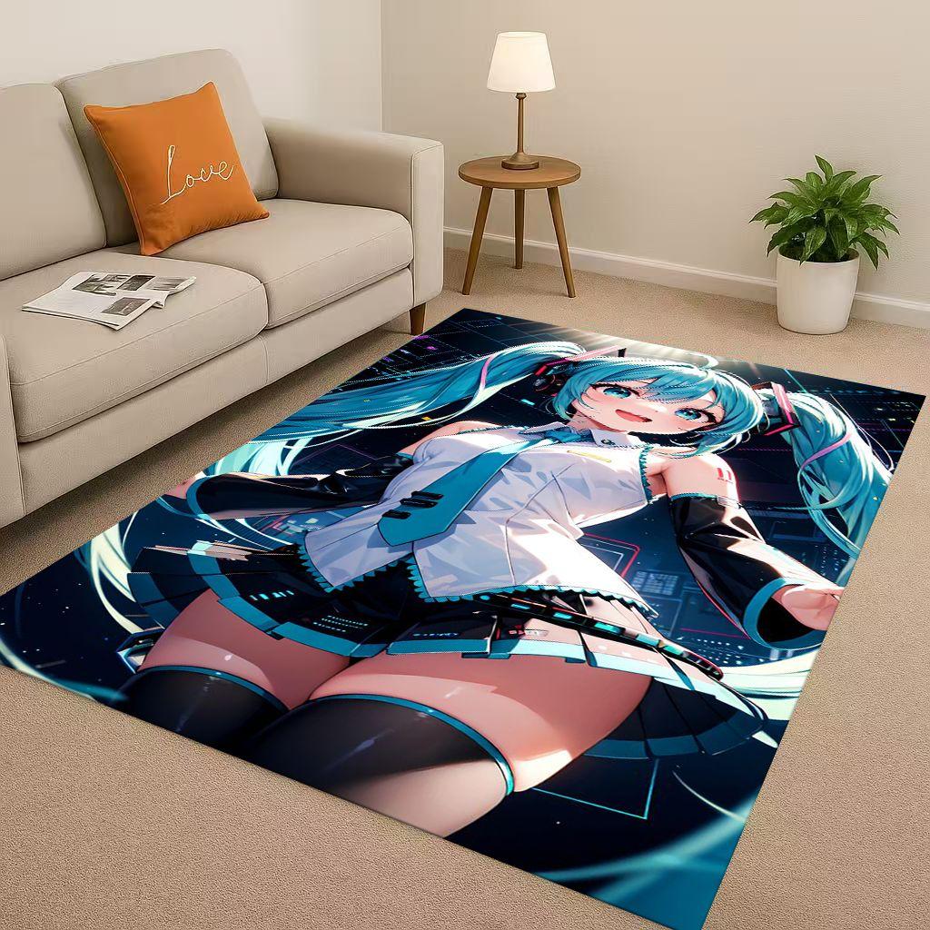 3D Kawaii M MIKU Music Cartoon Girl Living Room Non Slip Area Rug Carpet for Bedroom Playroom Sofa,Easy Clean Home Decor Doormat