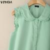 VONDA Women Doll Collar Sleeveless Ruffled Hem Button Down Crochet Casual Tank Tops