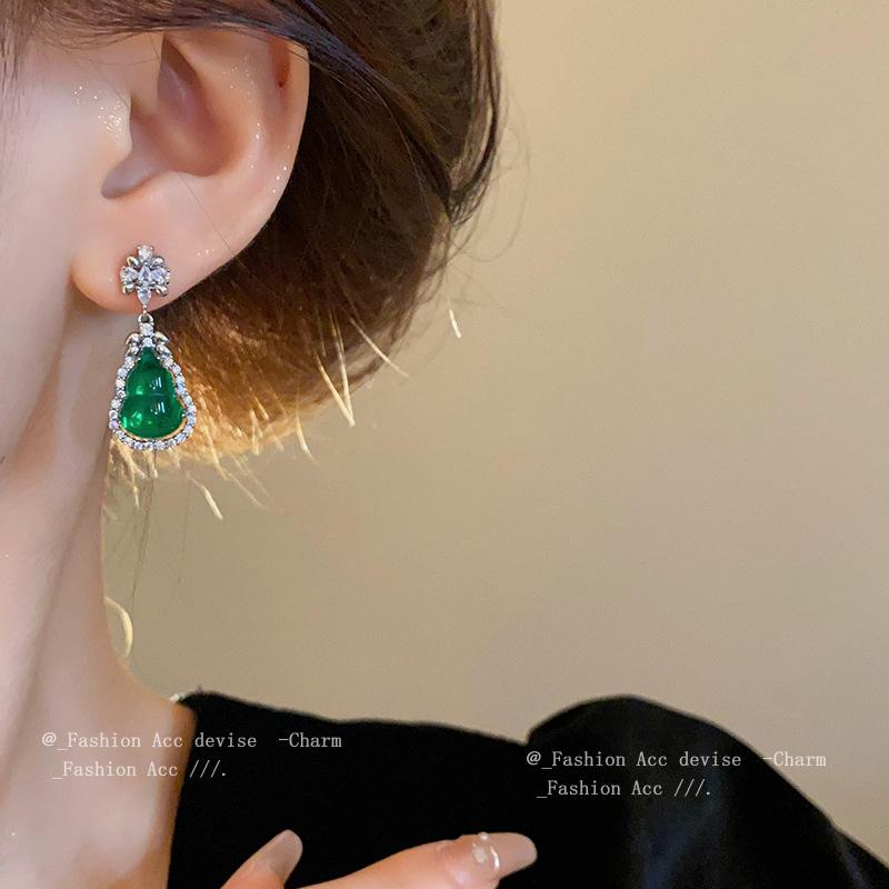 Silver needle emerald gourd zircon stud earrings niche temperament Chinese style earrings Guochao light luxury high-end earrings women