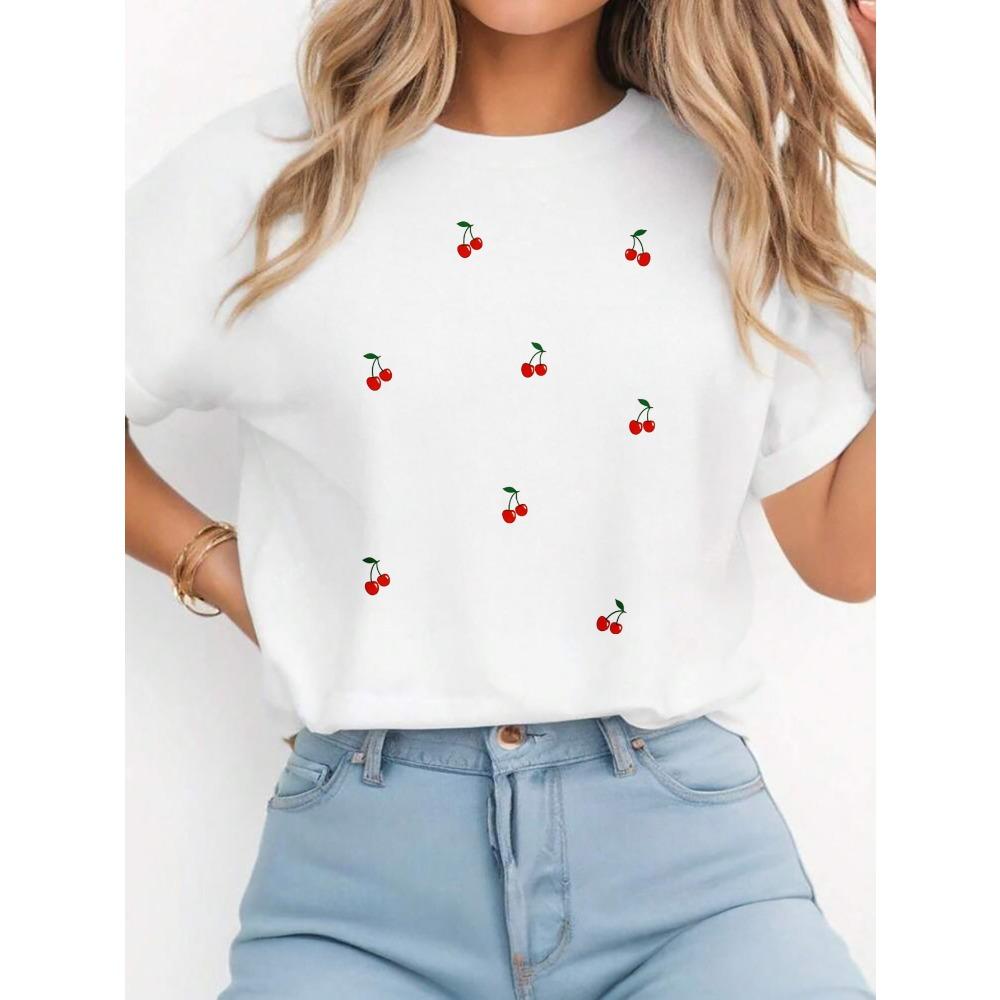 

White Cherry Print Casual Women s Fashion T Shirt for Casual Attire Summer Short Sleeved Harajuku Streetwear Tops Tees XS