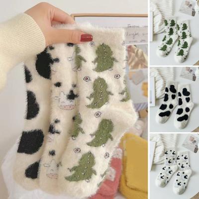 1 Pair Winter Floor Socks Cartoon Cow Dinosaur Print Color Matching Thick Fleece Mid-tube Anti-slip Elastic Warm Soft Ankle Protection Lady Socks