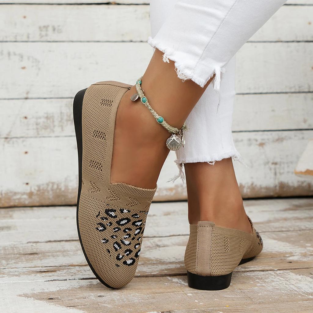 Şık Houndstooth Örme Bale Ayakkabıları Kadın Sivri Burunlu File Mokasenler Bayan Büyük Beden Leopar Loaferlar Yumuşak Sürüş Ayakkabıları