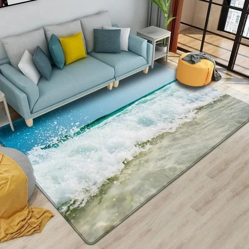 3D Meer Strand Teppich für Schlafzimmer Lounge Dekoration Wellen Rutschfeste Teppiche Wohnzimmer Couchtische Bodenmatten Wohnaccessoires