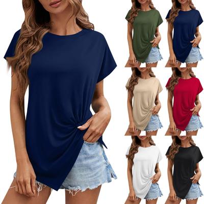 Neues kurzärmliges, einfarbiges T-Shirt mit Rundhalsausschnitt und unregelmäßigem Saum für Damen