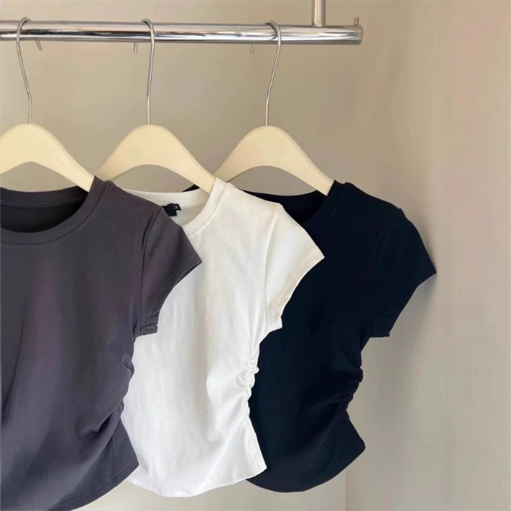 2024 Spicy Girl Waist-Hugging Short-Sleeve Round Neck T-Shirt for Women - Summer Solid Color