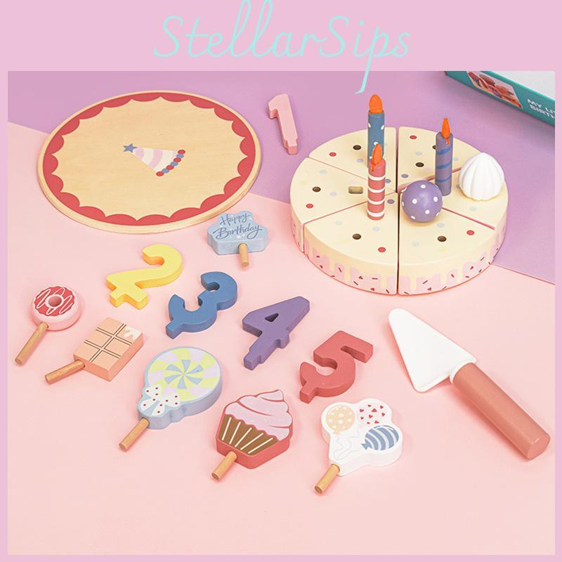 Play Children Wooden Food Set Birthday Cake Accessories Imaginative Fun Gift