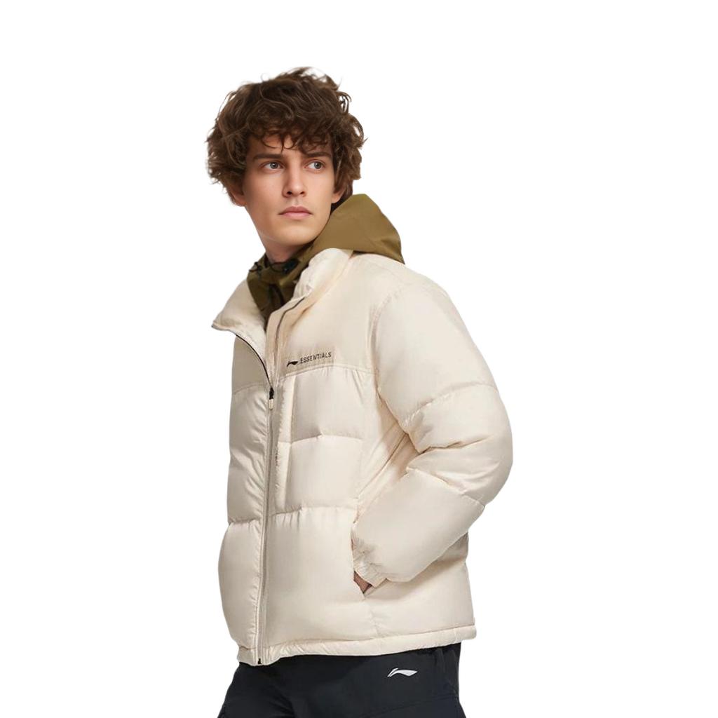 Li Ning Fitness Series Logo Print Letter Warm Stand Collar Zipper Long Sleeve Down Jacket Men Jackets Swan-White AYMS205-2
