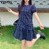 Women O Neck Puff Sleeve Plaid Print Casual Ruffled Mini Dress