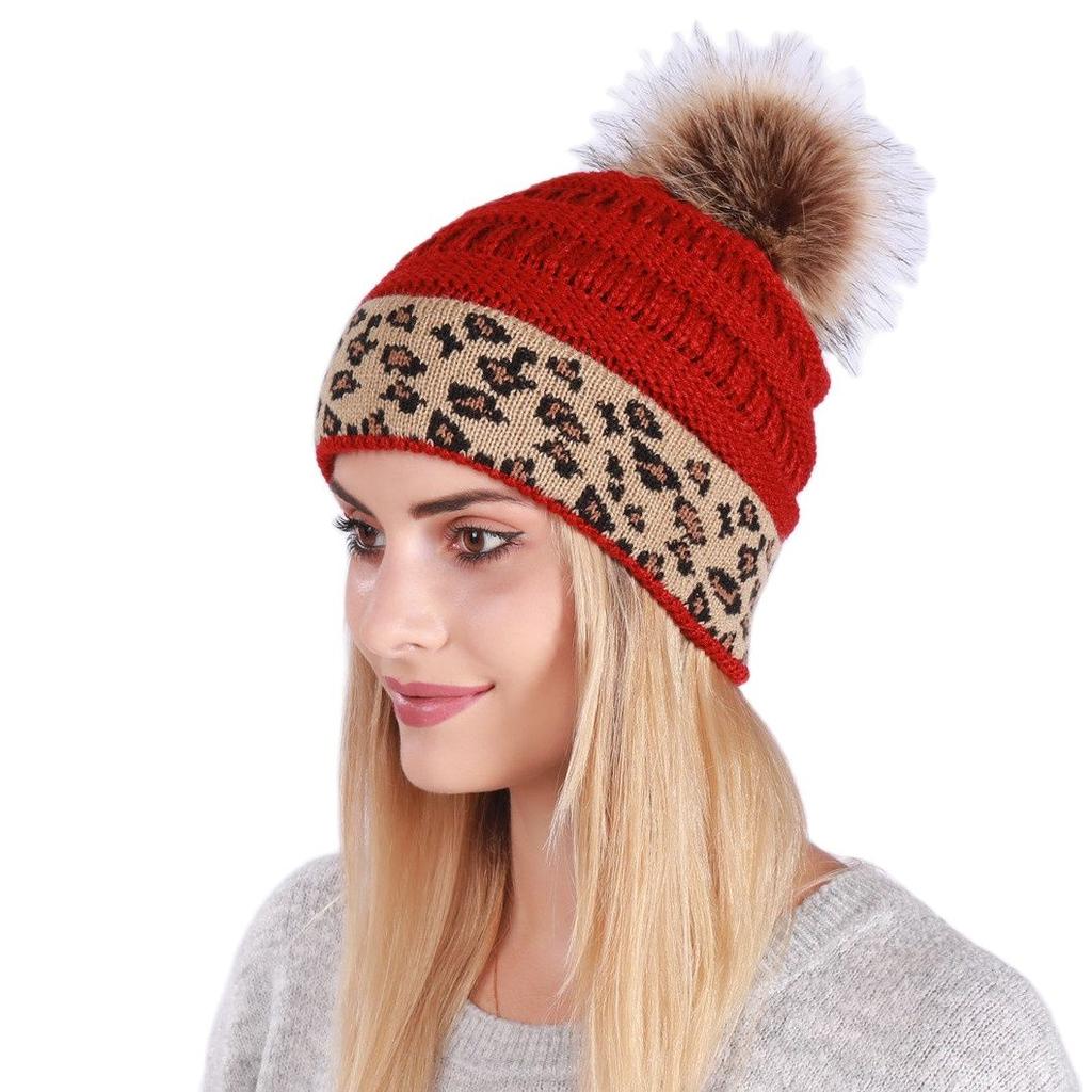 Fashion Winter Leopard Women's Hat Warm Knitted Beanies Cap For Women Girl Pom Pom Thick Lady Female Cap Hat With Hair Ball