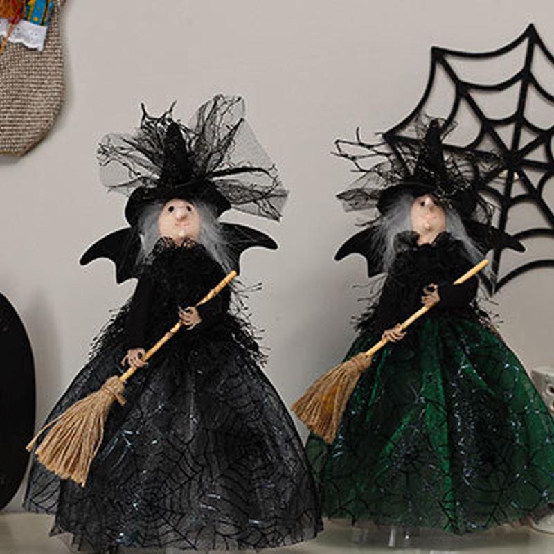 Halloween Decoration Witch Doll Dressed In Gauzy Skirt with Besom Desktop Decor Ornaments for Party Props Black