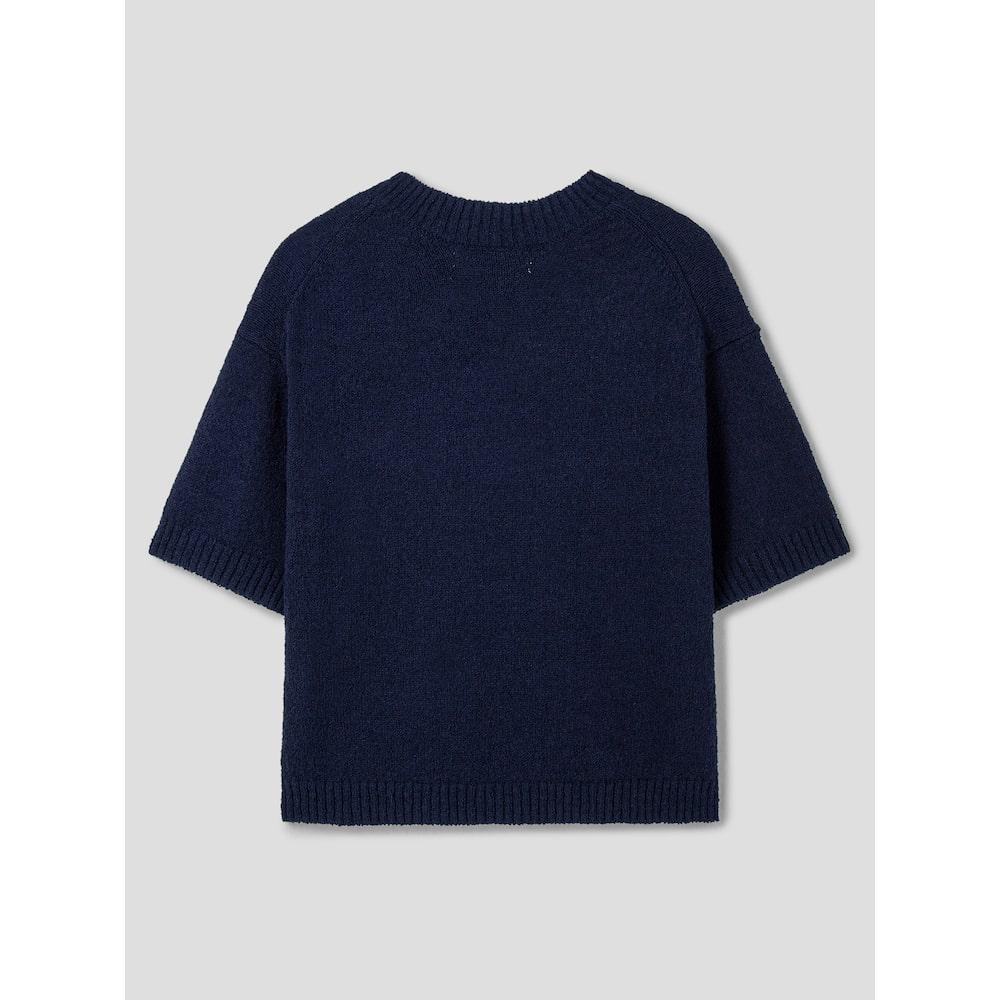 8SECONDS Wave Letter Jacquard Round Neck Short Sleeve Pullover Navy