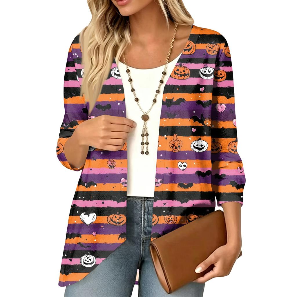 Cardigan décontracté léger ample à manches 3/4 imprimé pour femme pour Halloween