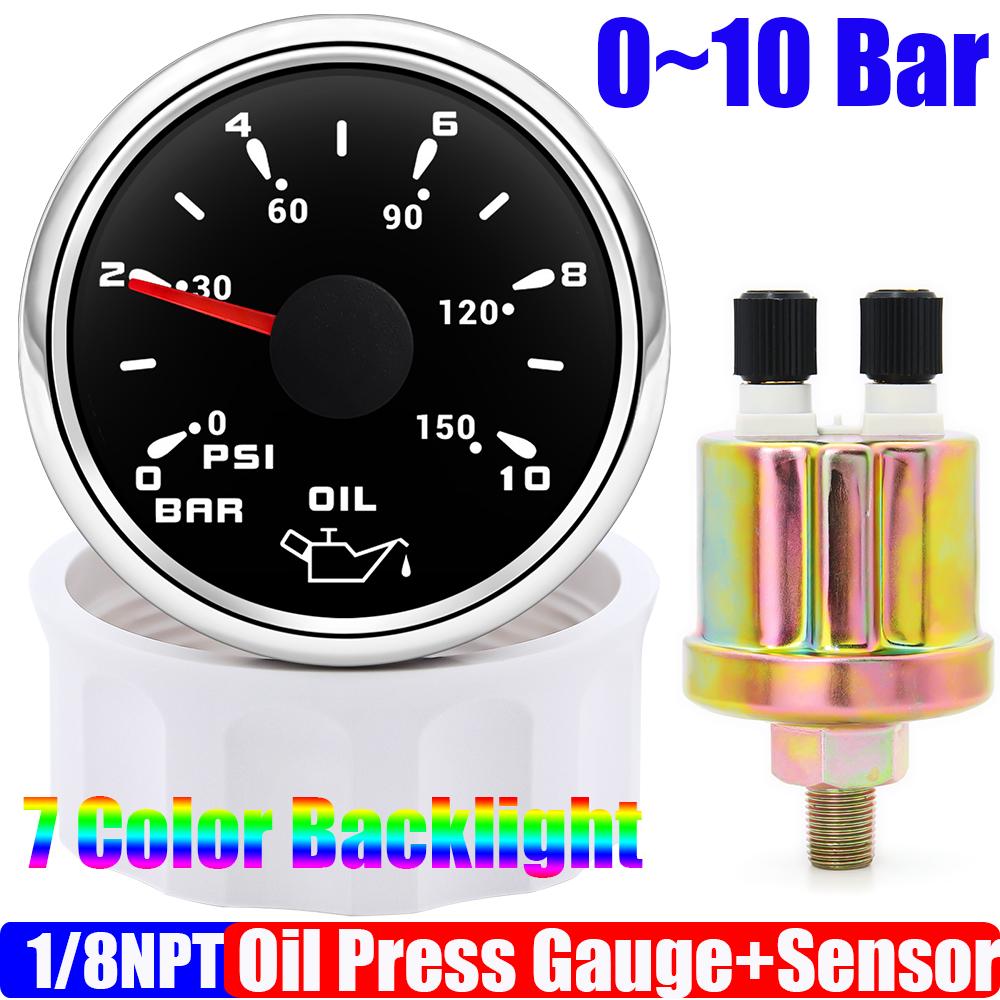 Auto Car 52mm Oil Pressure Gauge+Sensor 7 Color Backlight 0~5Bar 0-10Bar Oil Press Meter with Sensor Marine Boat 12V24V