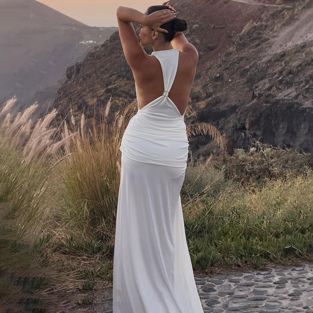 European and American women's clothing early autumn wear solid color simple temperament Spice girls sleeveless dress sexy high split backless dress