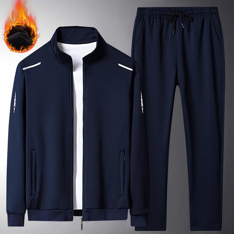 Men's Fall and Winter Warm Thickening Suit Warm Stand-up Collar Top + Warm Straight Pants Two-piece Set