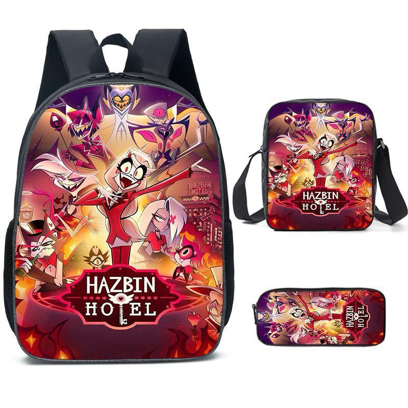 Hazbin Hotel Anime Ensemble de 3 pièces Sac à dos Étudiant Sac d'école à bandoulière Enfants Mignon Sac à dos de voyage Cadeau d'anniversaire pour enfants