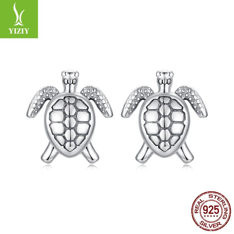 Personalized Turtle Plain Silver Stud Earrings For Men And Women Retro Texture S925 Sterling Silver Stud Earrings