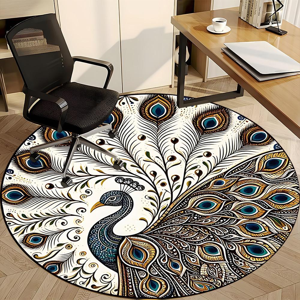 1pc Peacock Feather Pattern Carpet, Round Non Slip Durable Large Size Office Carpet, Suitable for Office