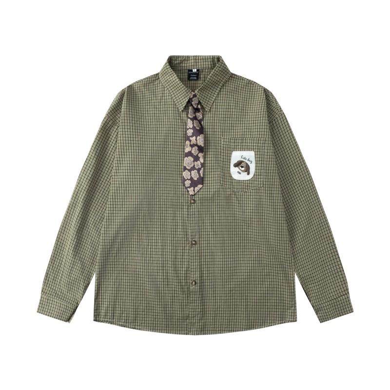 American Vintage Plaid Shirt With Puppy Patches Floral Tie Loose Fit Teens Long Sleeve Casual Top