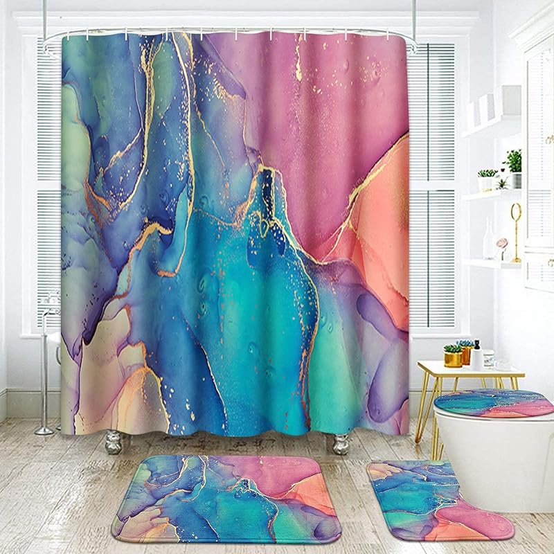 Britimes 4 Pcs Shower Curtain Set, Pink and Green Marble Texture Abstract Shower Curtain with Non-Slip Rugs, Toilet Lid Cover and Bath Mat, Bathroom