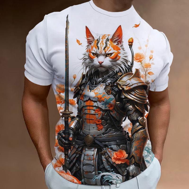 New Retro Men's T-Shirt 3d Samurai Cat Print Short Sleeve T-Shirt For Men Fashion Oversized Man Clothes