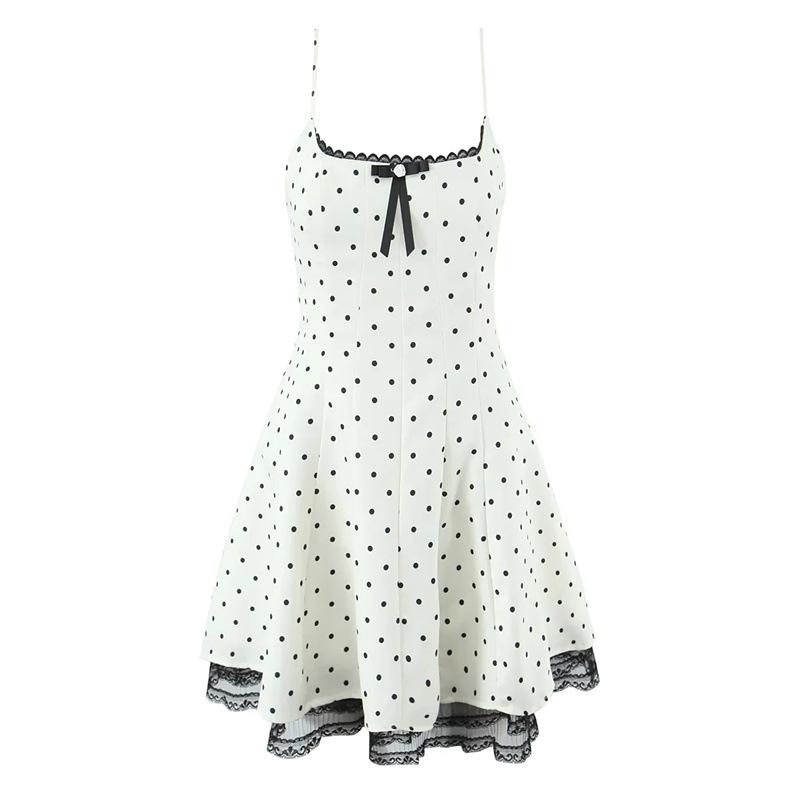 Women s Korean Style Lace Patchwork Polka Dot Sleeveless Camisole Dress – Waist-Cinched, Sexy French Short Skirt for Summer Small