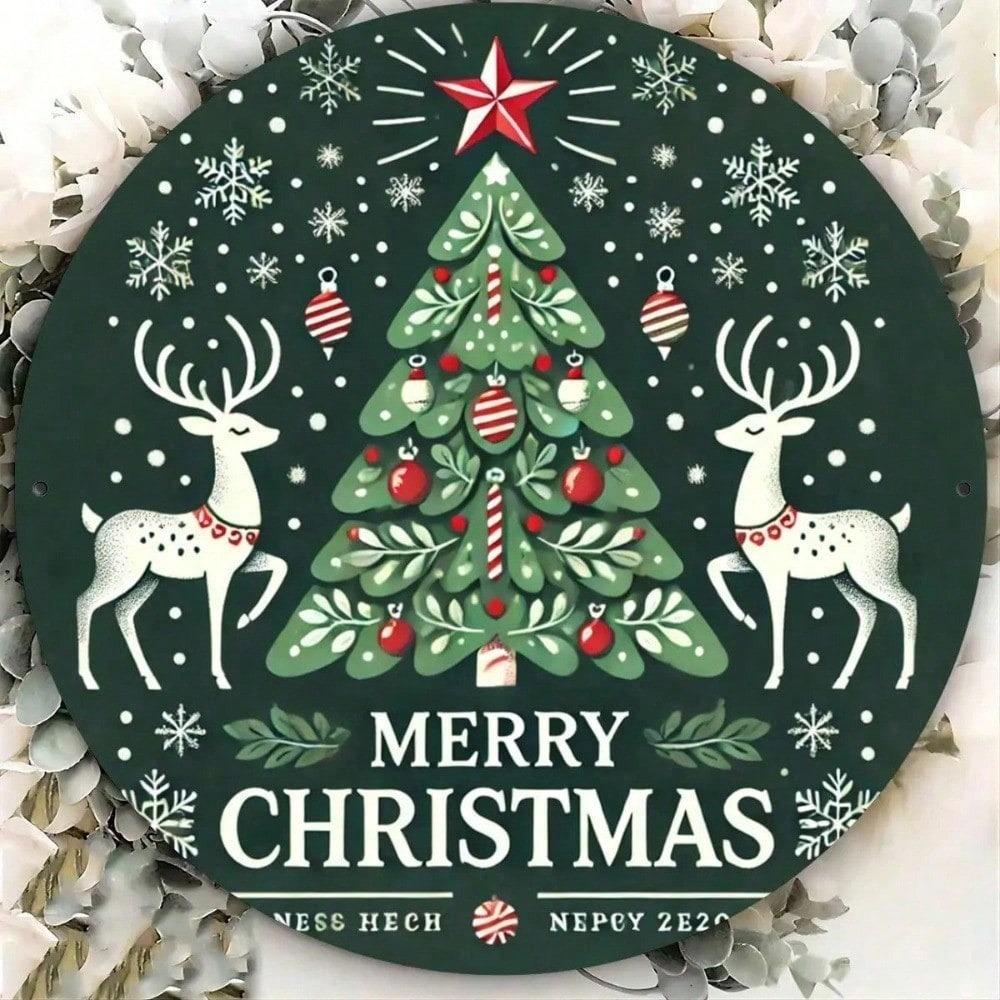 1pc Rustic Metal Wall Art Sign, 8x8 Inch Round Tin Reindeer Tree Print, Festive Kitchen Bar Home Decor