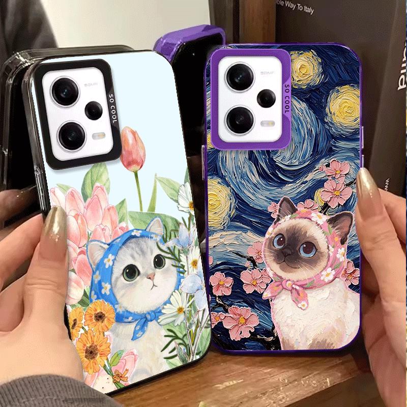 Cute Floral Headscarf Kitten Soft Phone Case for Xiaomi Redmi Note 13 14 15 Pro Plus 12S 12 11S 11 11T 10S 10 Shockproof Cover B