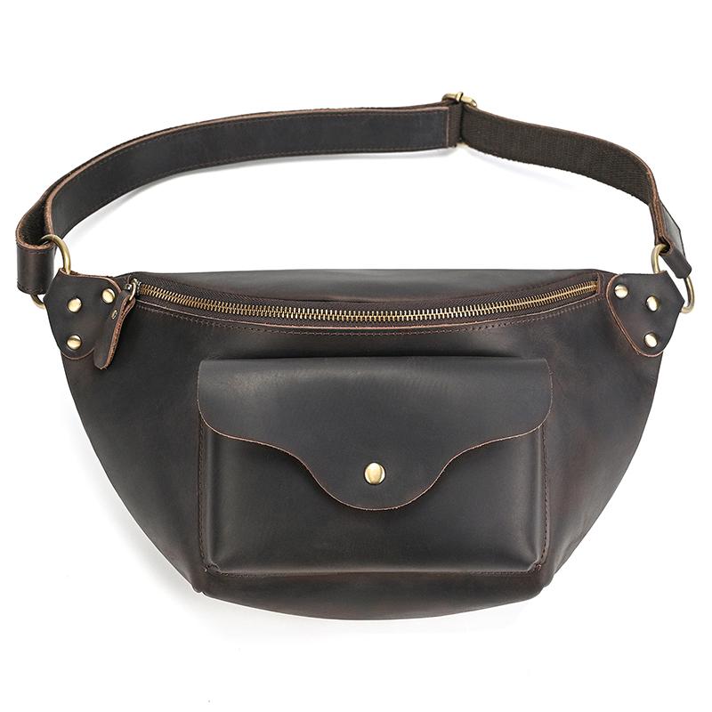 

Crazy Horse Leather Waist Bag For Men Male Genuine Leather Waist Pack Fanny Pack Belt Pouch For Man Crossbody Bags For Phone темно-коричневого кольору