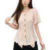 Irregular Women's Shirt Round Neck Hollow Design Single Breasted Solid Color Female Shirts Summer Casual Fashionable Ladies Thin Short Sleeved Top