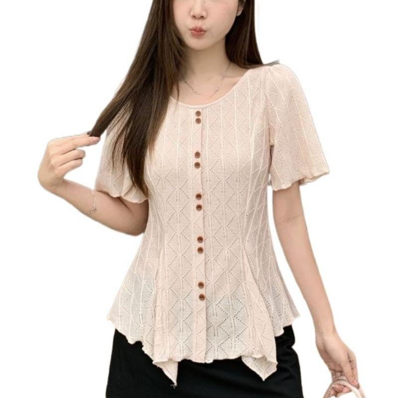 Irregular Women's Shirt Round Neck Hollow Design Single Breasted Solid Color Female Shirts Summer Casual Fashionable Ladies Thin Short Sleeved Top